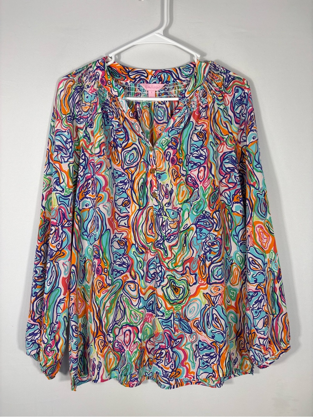 Lilly Pulitzer 100% Silk Abstract Squiggle Print Popover Blouse Size Small